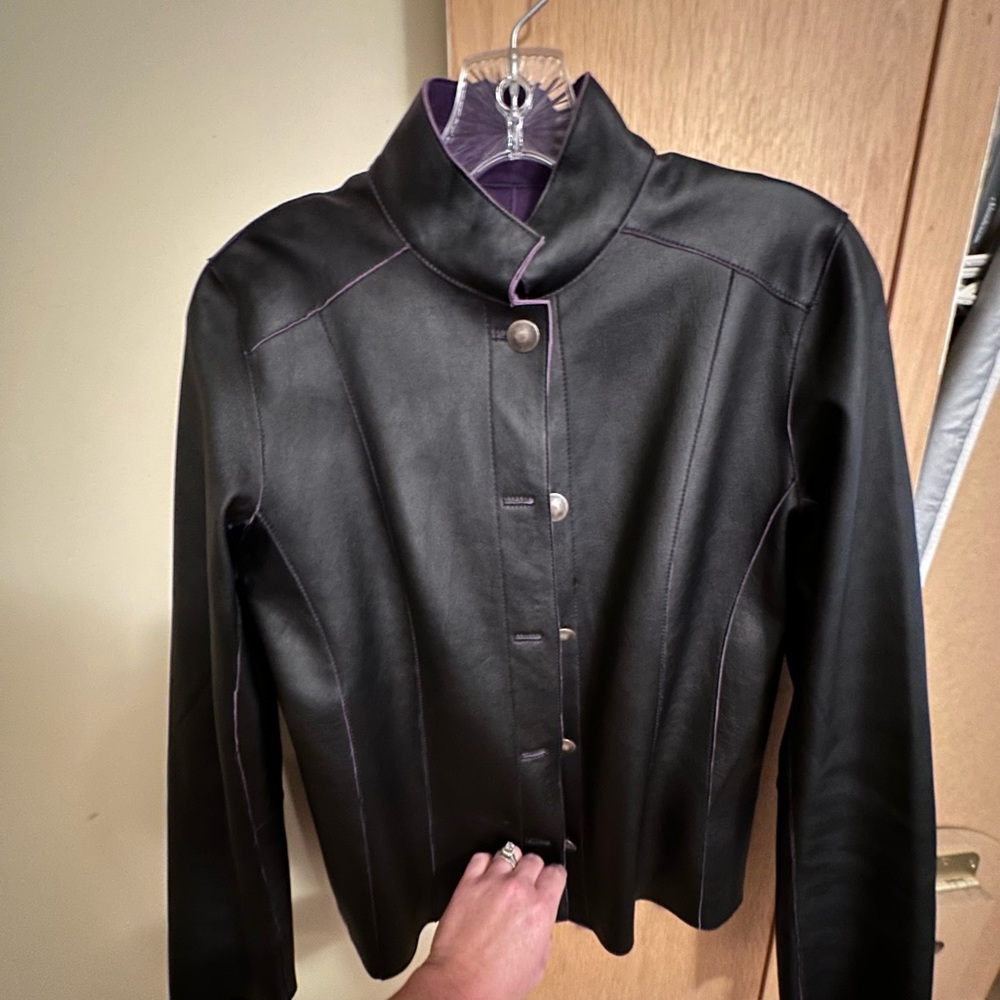 Chico's Genuine Black Leather Jacket Button Down Reversible Purple Size: SM